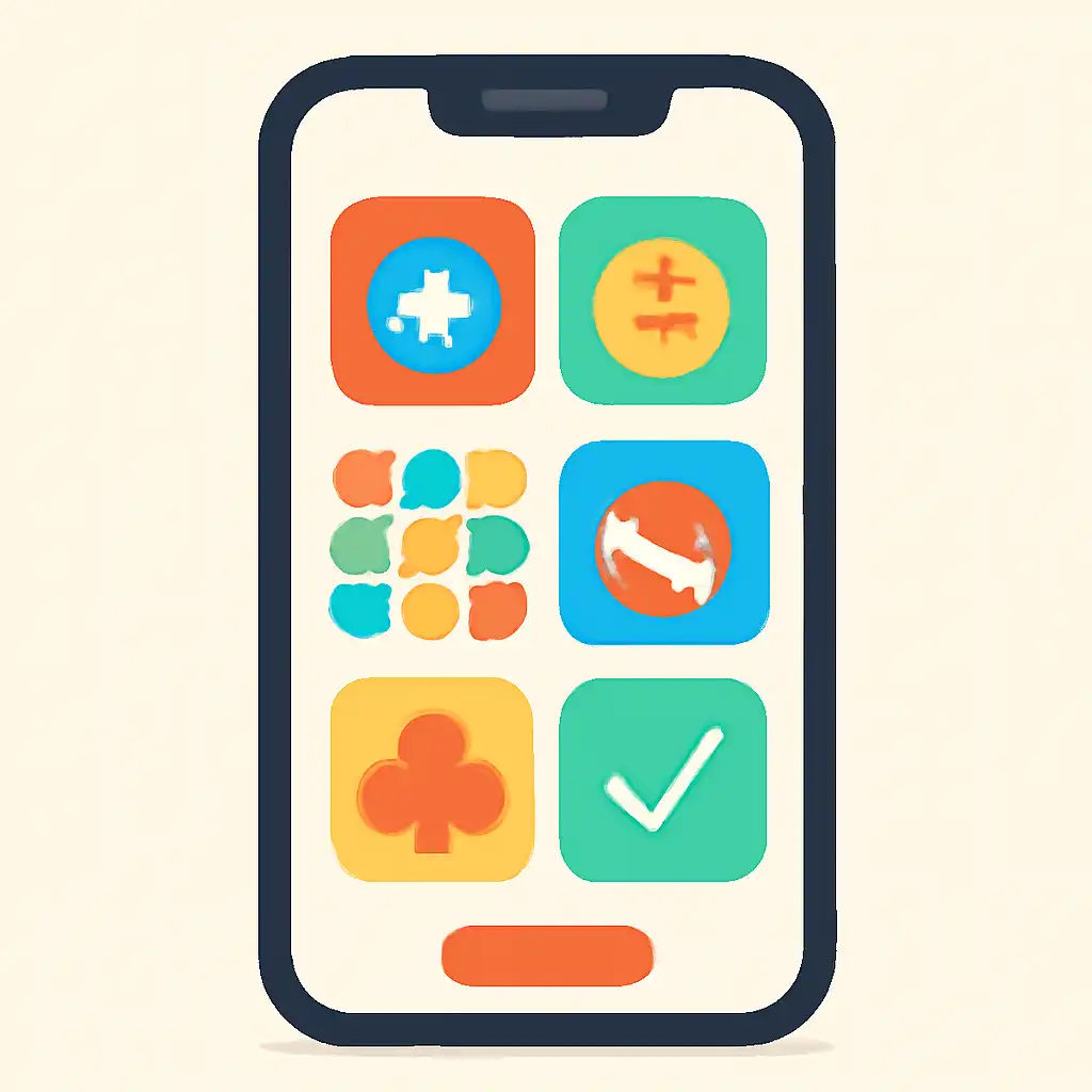 Smartphone shown from the front displaying a colourful flat layout of abstract game icons and rounded tiles (no text, no letters, no labels), Lottery 7