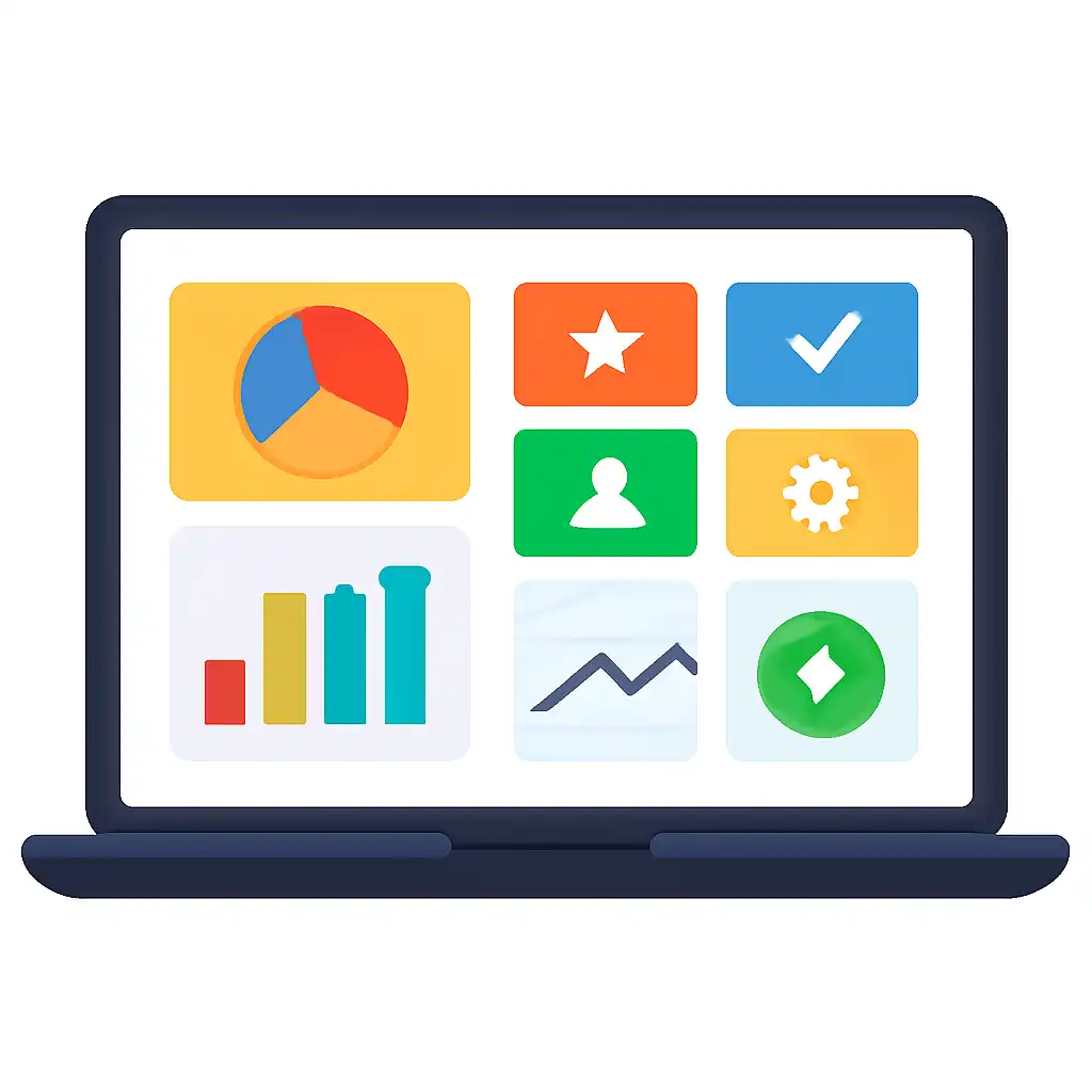 Laptop shown from the front displaying a colourful flat dashboard of abstract charts, bars and icon tiles (no text, no letters, no labels), Lottery 7