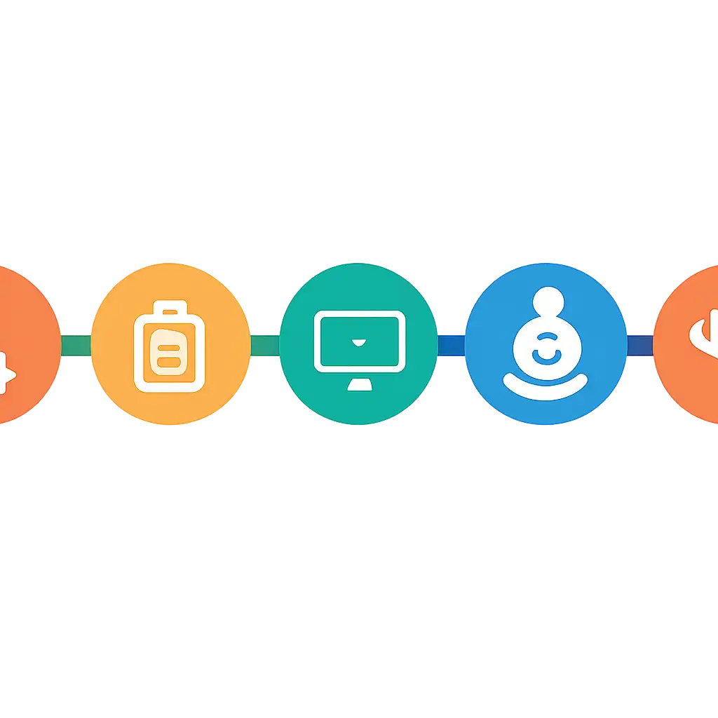 Five numbered circular icons connected by arrows in a horizontal flow, flat illustration, icons only, no words, Lottery 7 steps